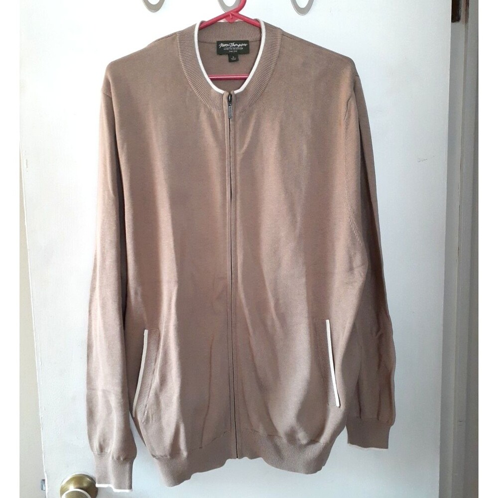 Norm Thompson Cotton Golf Sweater Men's L large Zipper Front tan white cardigan